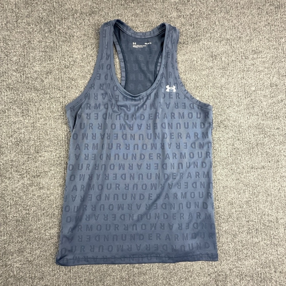 Under Armour Tank Top Mens Medium Blue Allover Logo Racerback Training 1366938